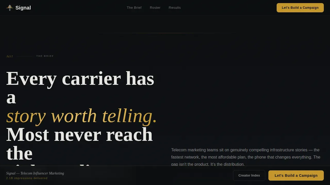 Cinematic Telecom Influencer Marketing Agency Landing Page
