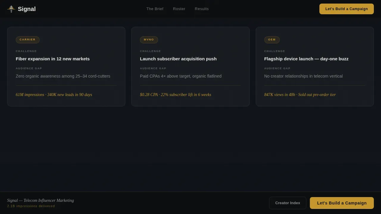 Cinematic Telecom Influencer Marketing Agency Landing Page