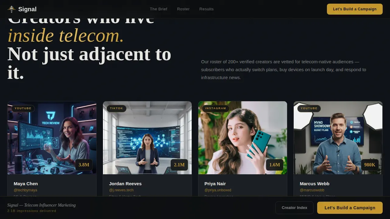 Cinematic Telecom Influencer Marketing Agency Landing Page