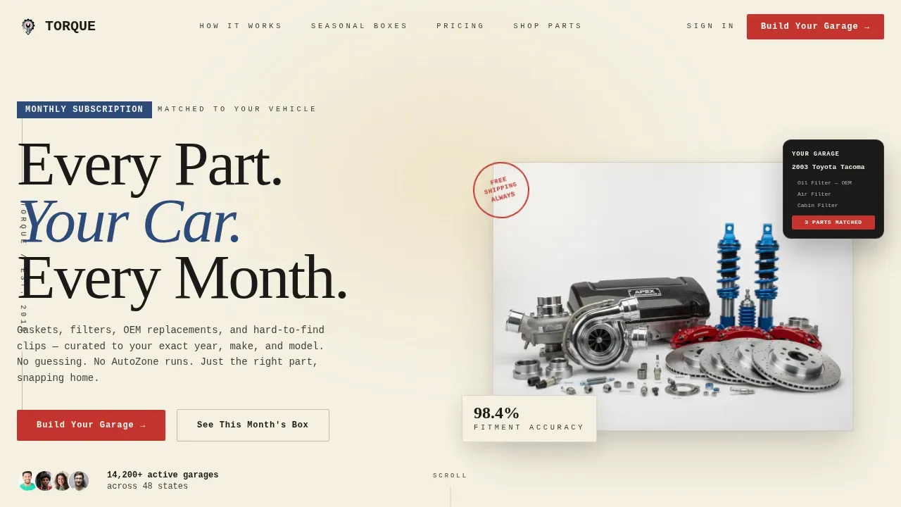 Neo-Retro Auto Parts Subscription Box Landing Page