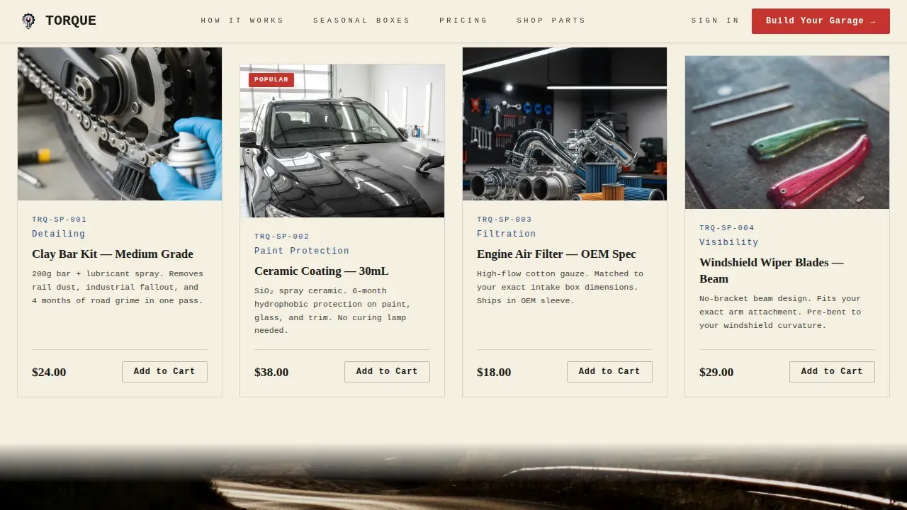 Neo-Retro Auto Parts Subscription Box Landing Page