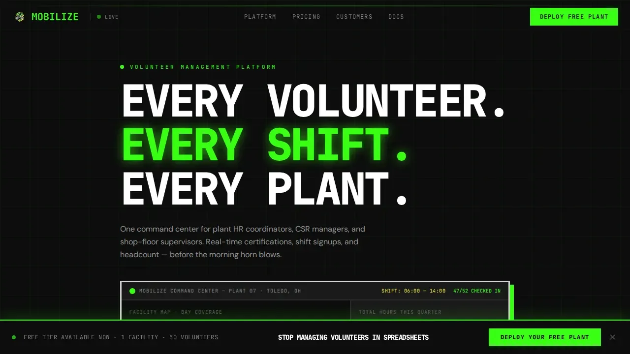 Bold Brutalist Manufacturing Volunteer Management Landing Page