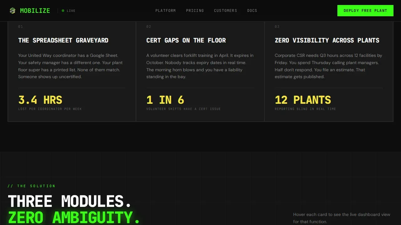 Bold Brutalist Manufacturing Volunteer Management Landing Page