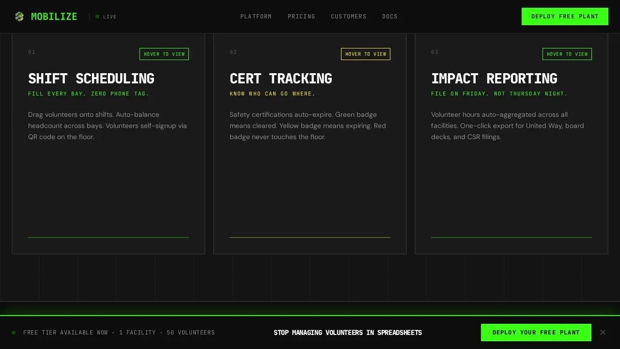 Bold Brutalist Manufacturing Volunteer Management Landing Page