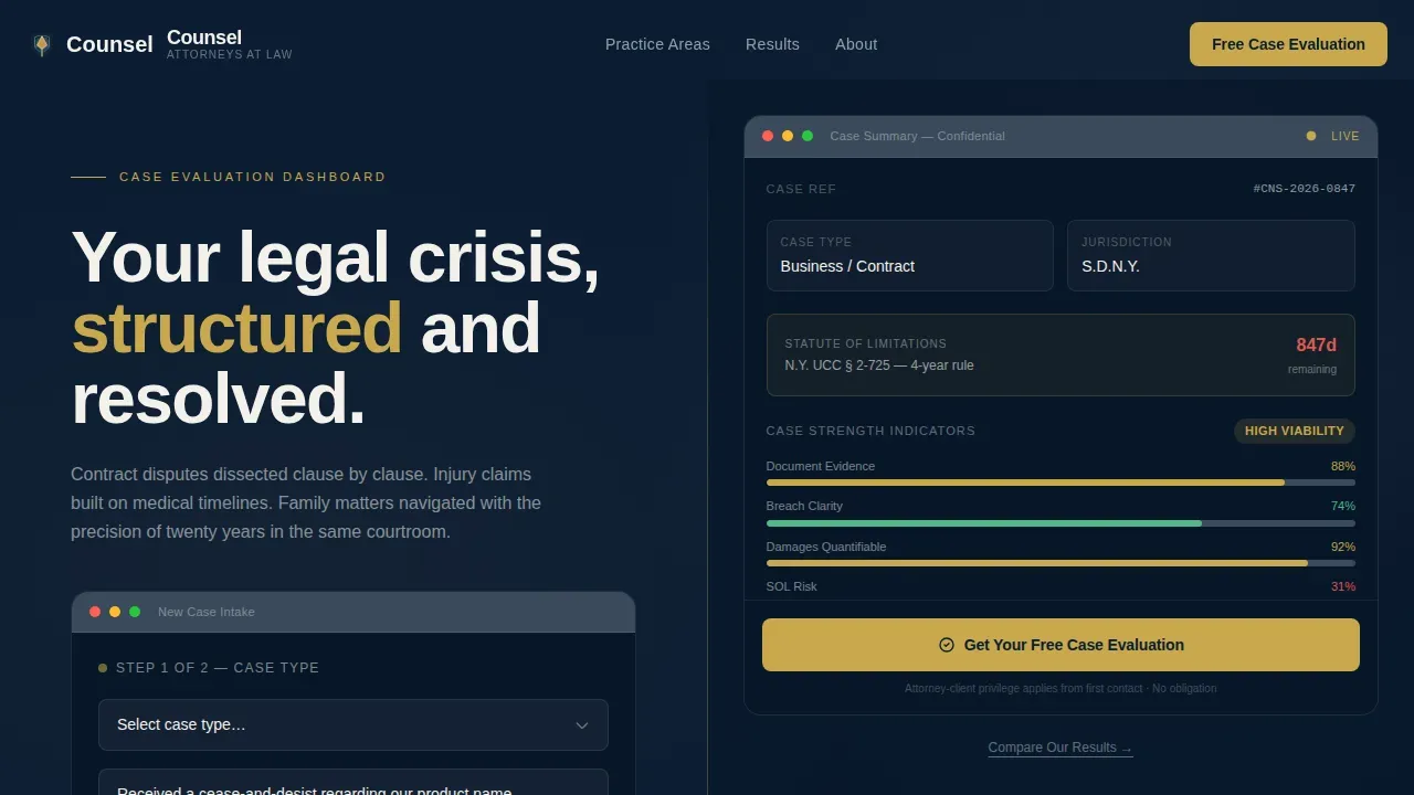Strategic Litigation & Case Evaluation Law Firm Website Template