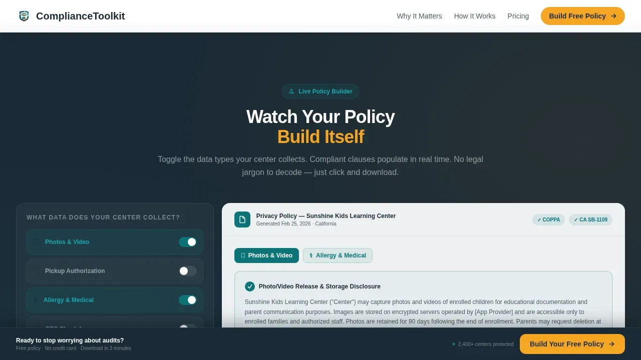Regulatory Childcare Documentation Landing Page Template