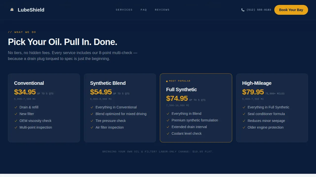 Oil Change Booking Landing Page Template