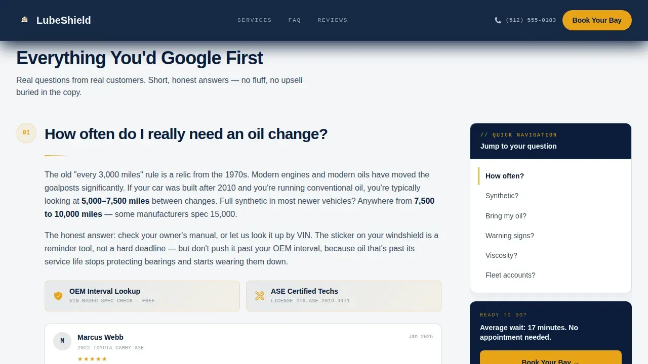 Oil Change Booking Landing Page Template