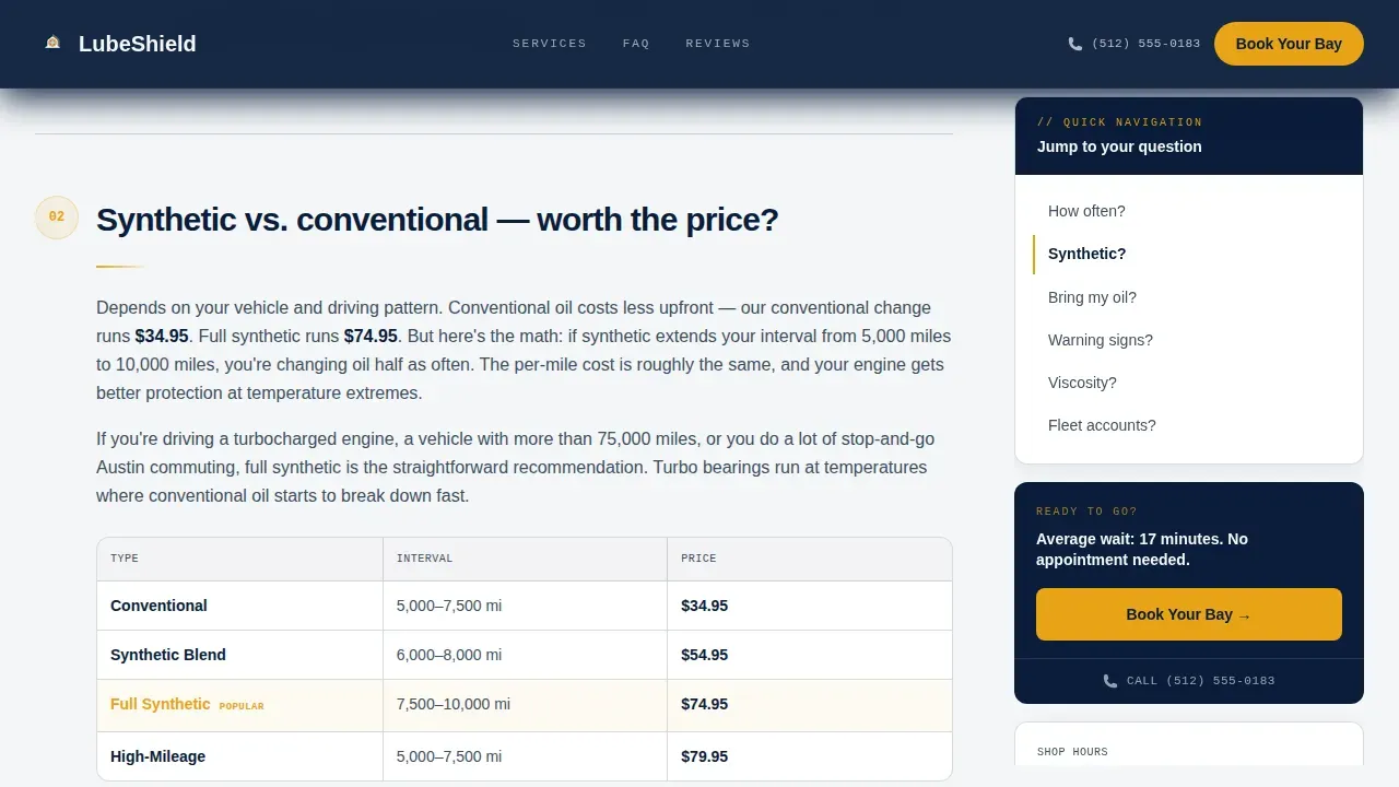 Oil Change Booking Landing Page Template