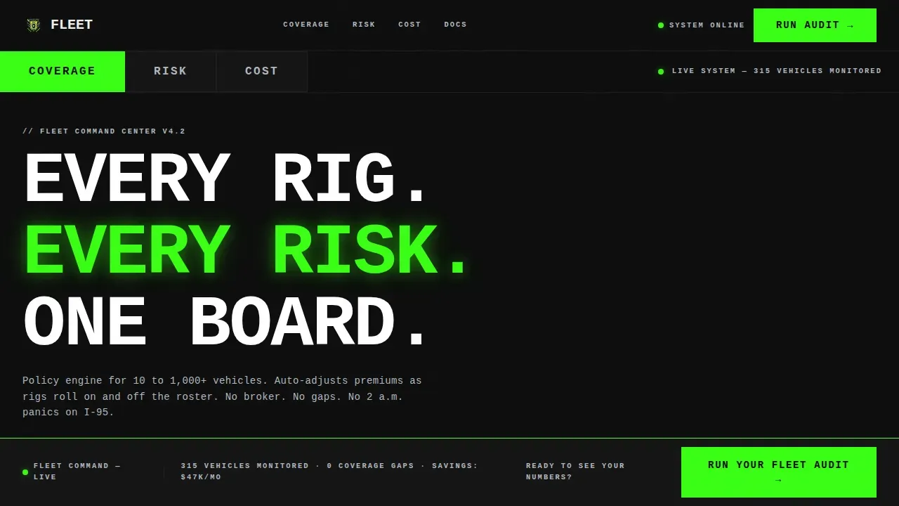 Bold Brutalist Insurance Fleet Management Landing Page