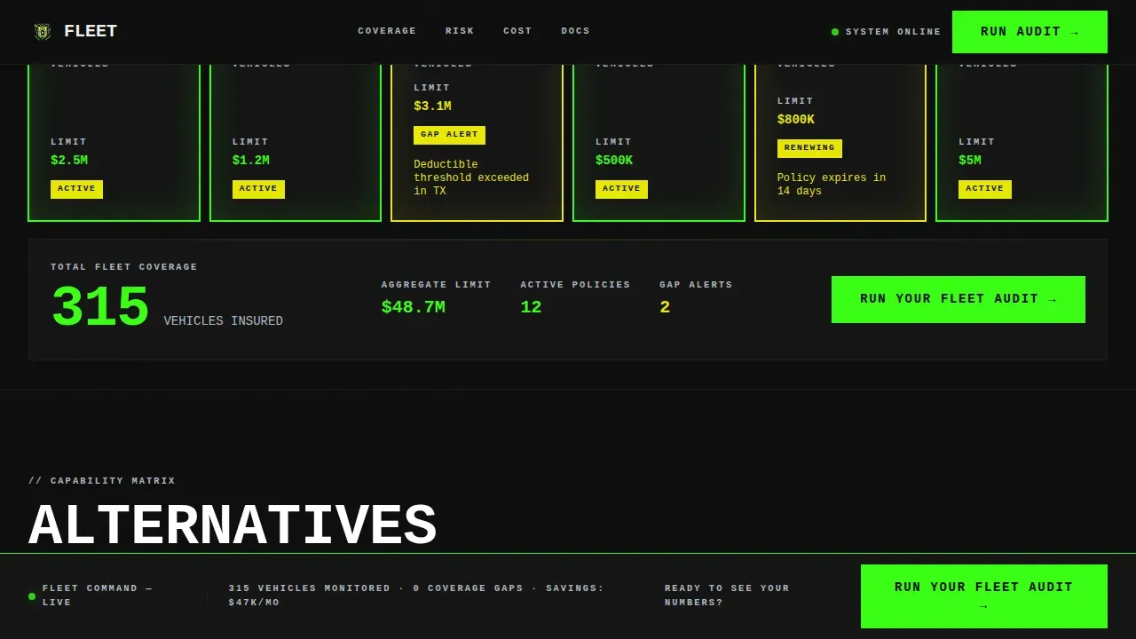 Bold Brutalist Insurance Fleet Management Landing Page