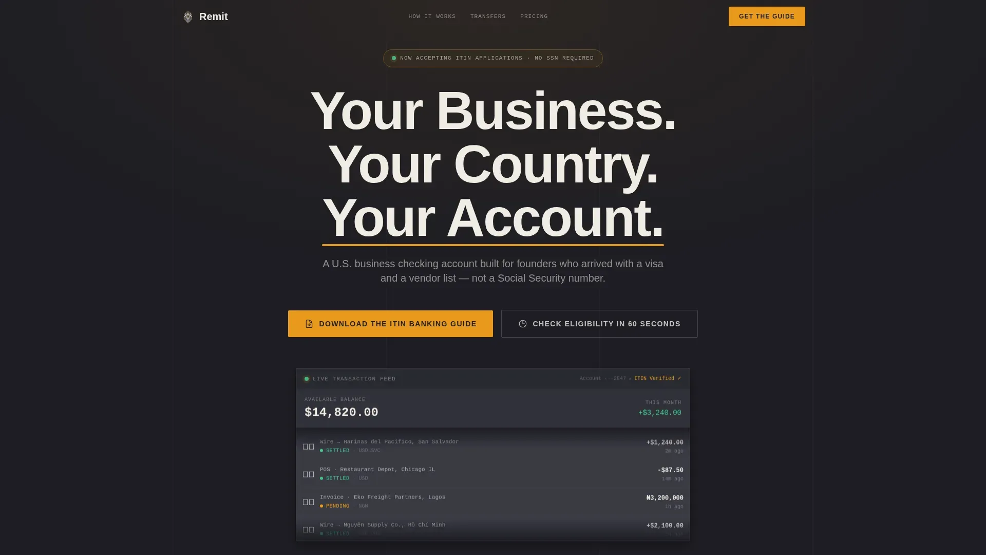 ITIN-Ready Cross-Border Business Checking Landing Page Template