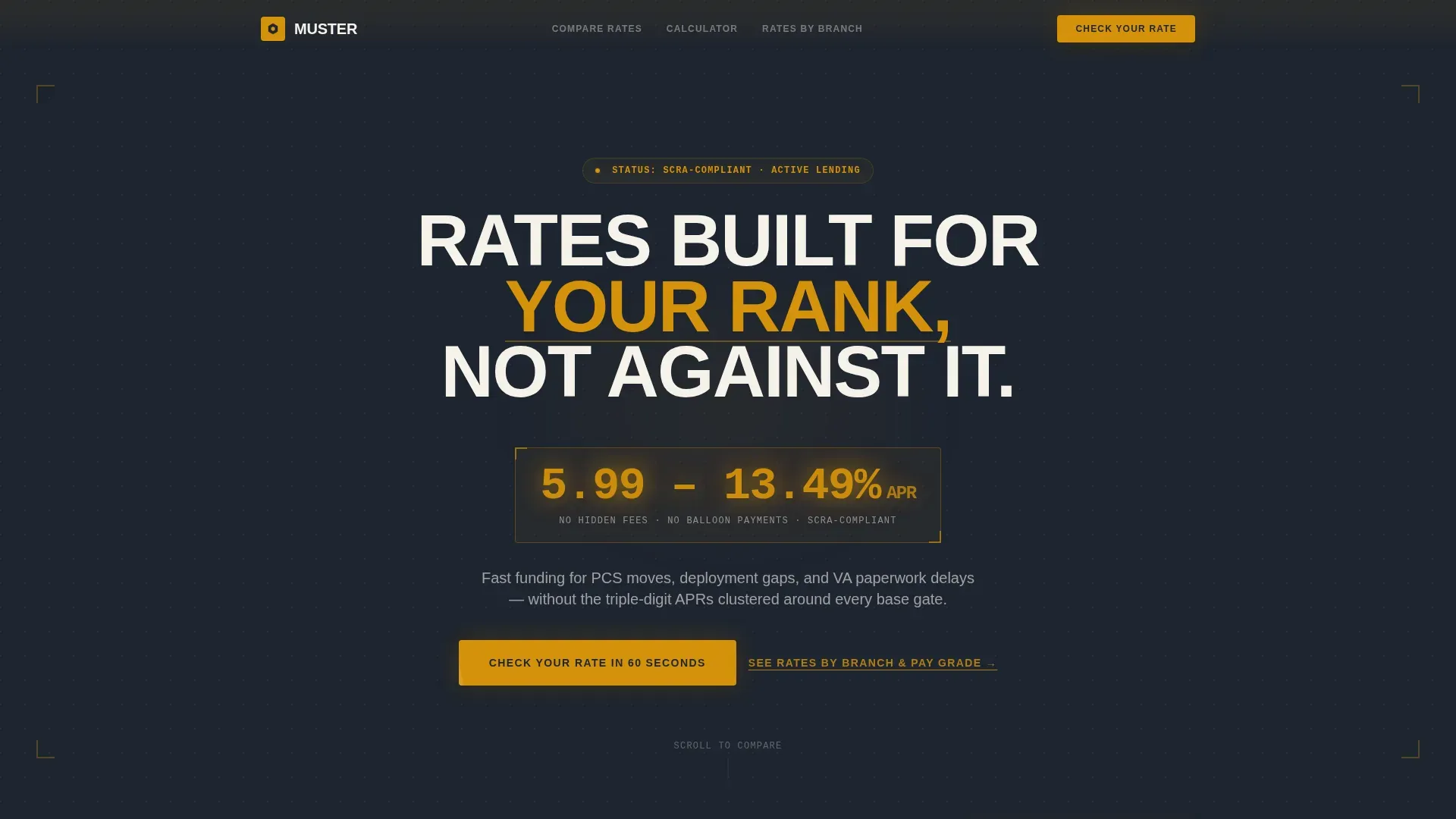 Military Lending Landing Page Template | Charcoal & Amber
