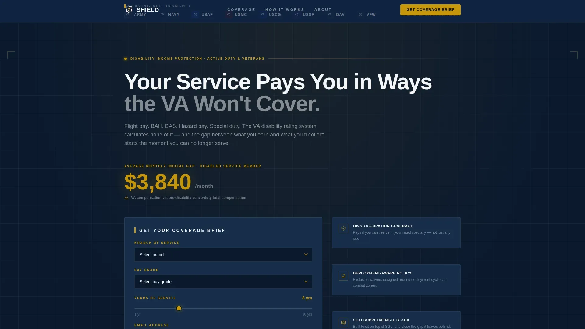 Specialist Military Service Member Insurance Professional Website Template