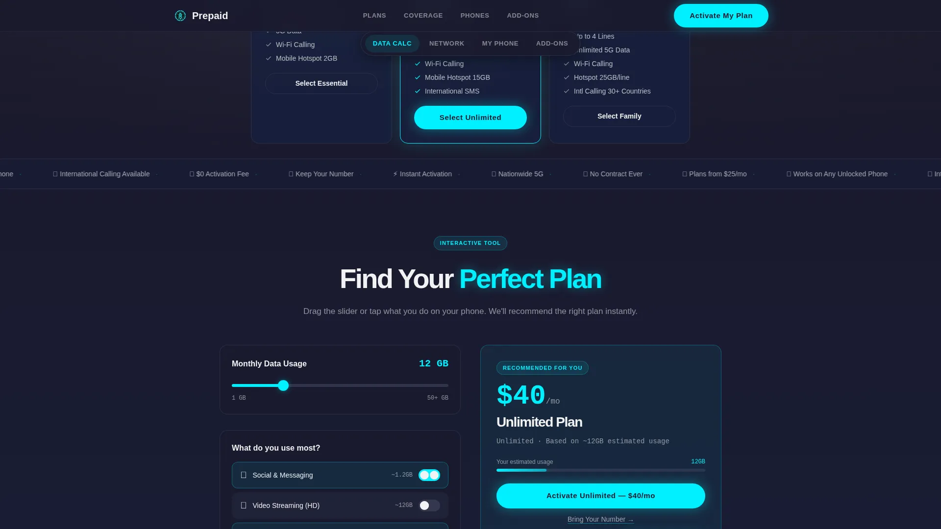Mobile & Network Operator Cost Calculator Website Template
