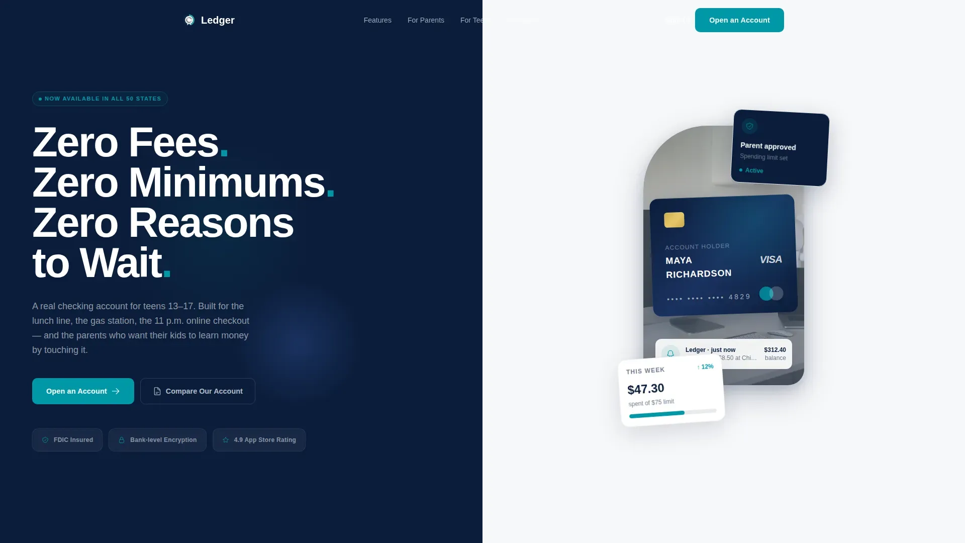 Zero Fees Teen Checking Account Landing Page Template