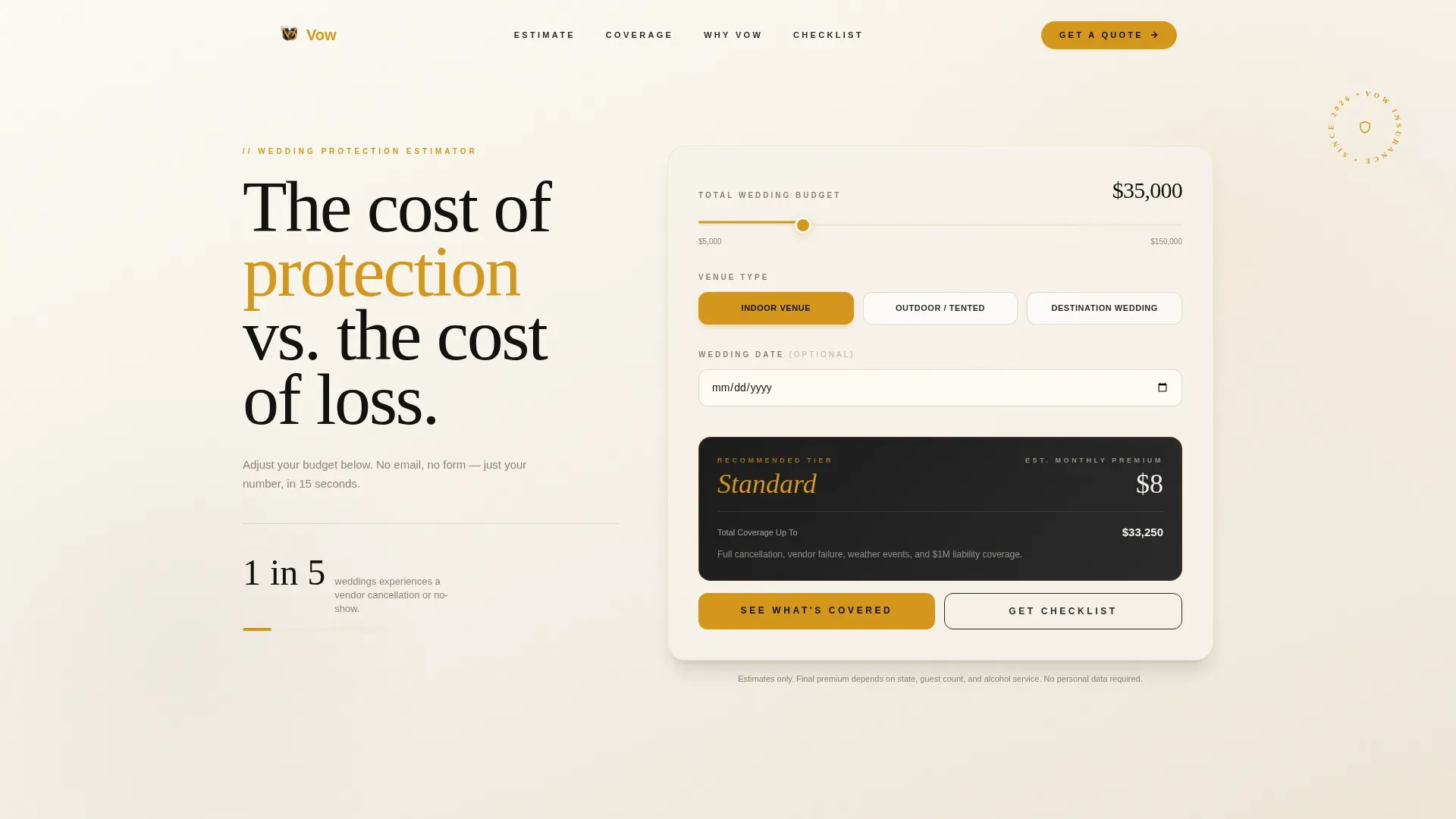 Wedding Insurance Coverage Estimator Landing Page Template