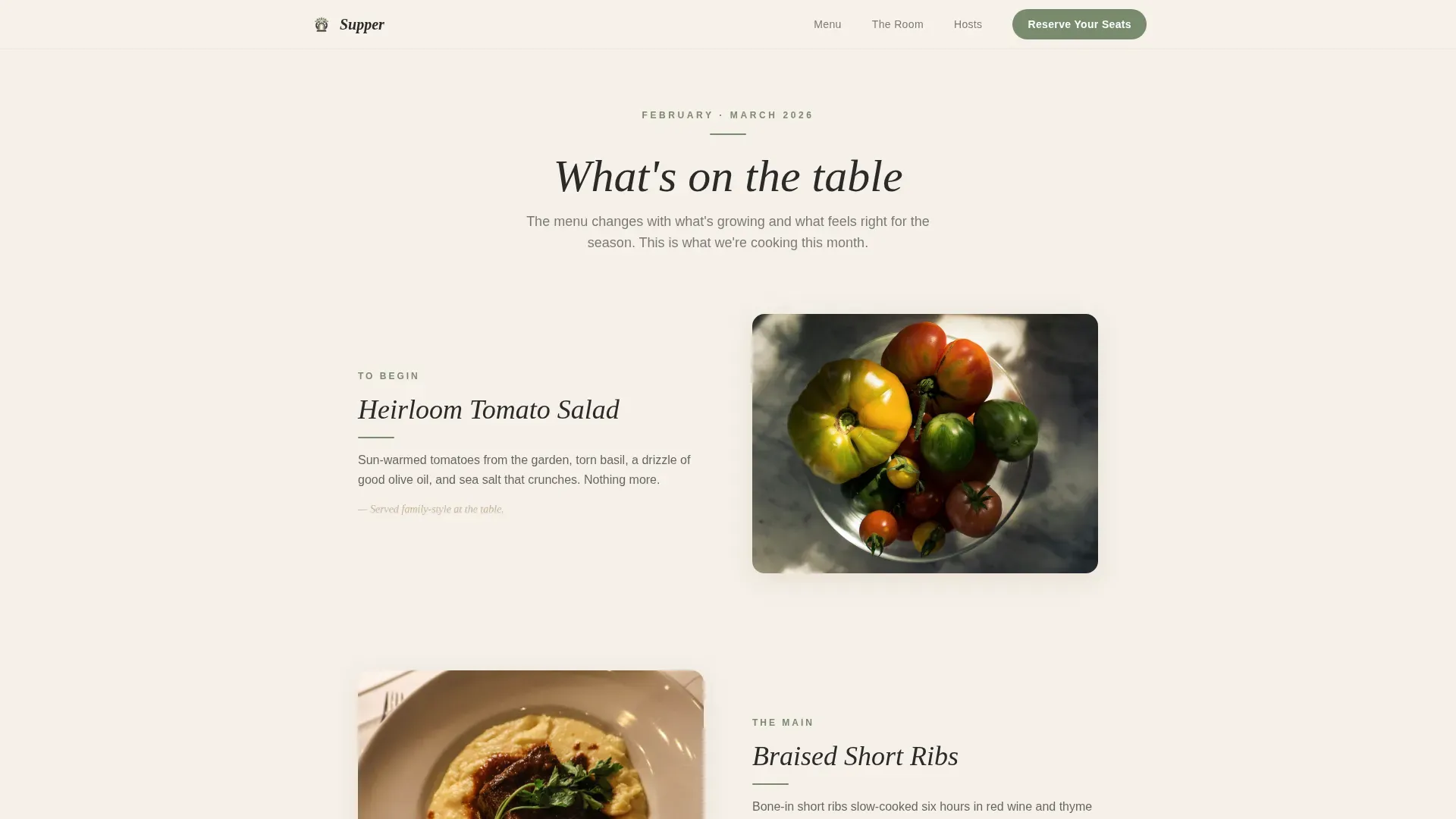 Pastoral Charm American Supper Club Landing Page