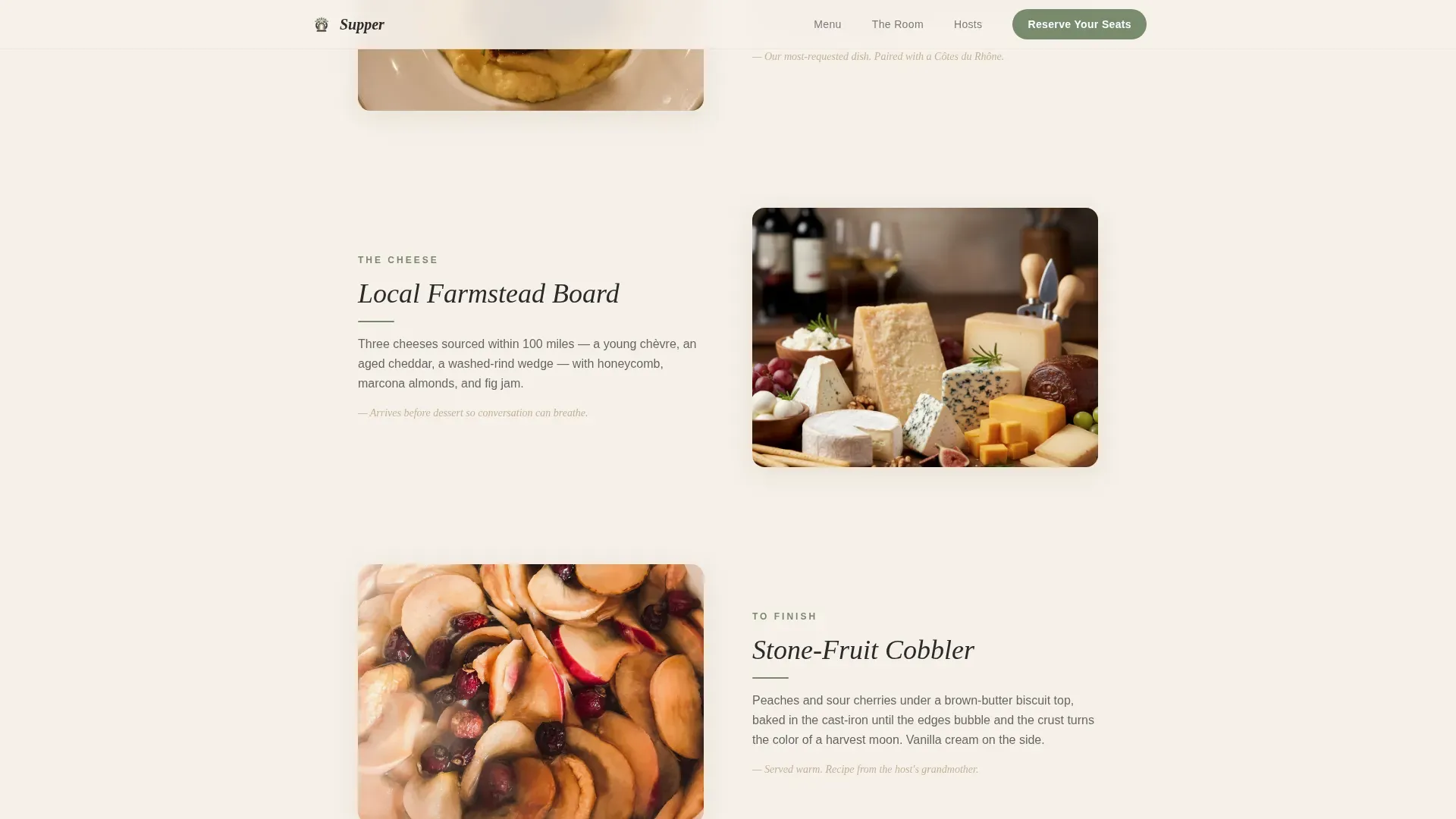 Pastoral Charm American Supper Club Landing Page