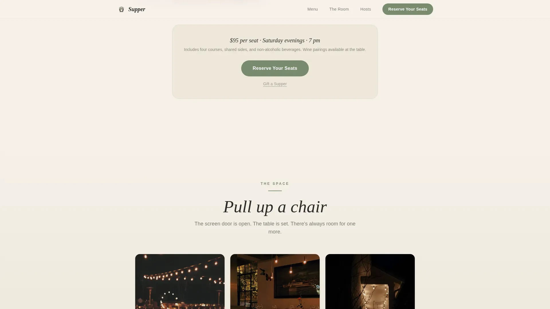 Pastoral Charm American Supper Club Landing Page