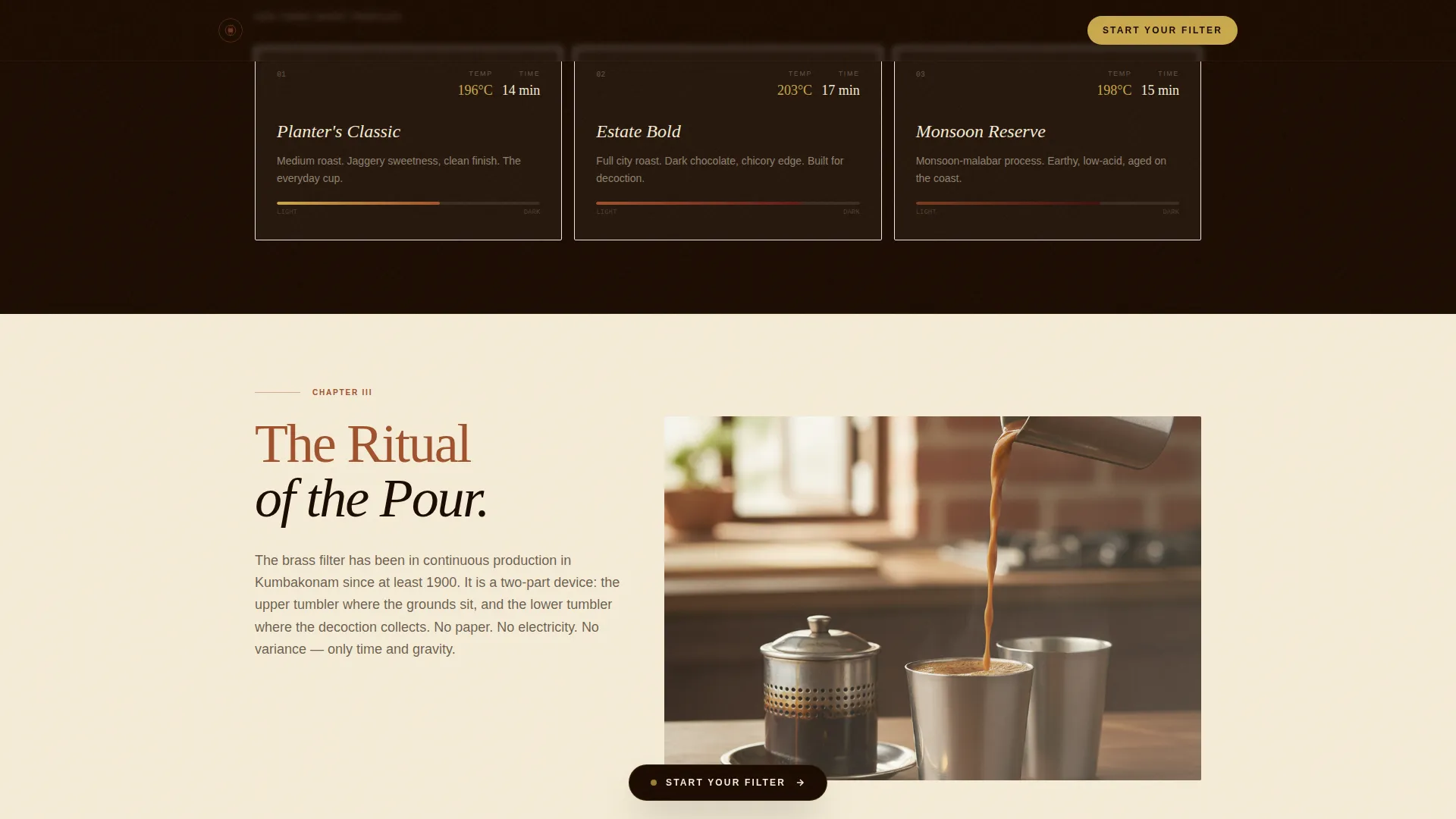 South Indian Filter Coffee Roastery Origin Story Website Template