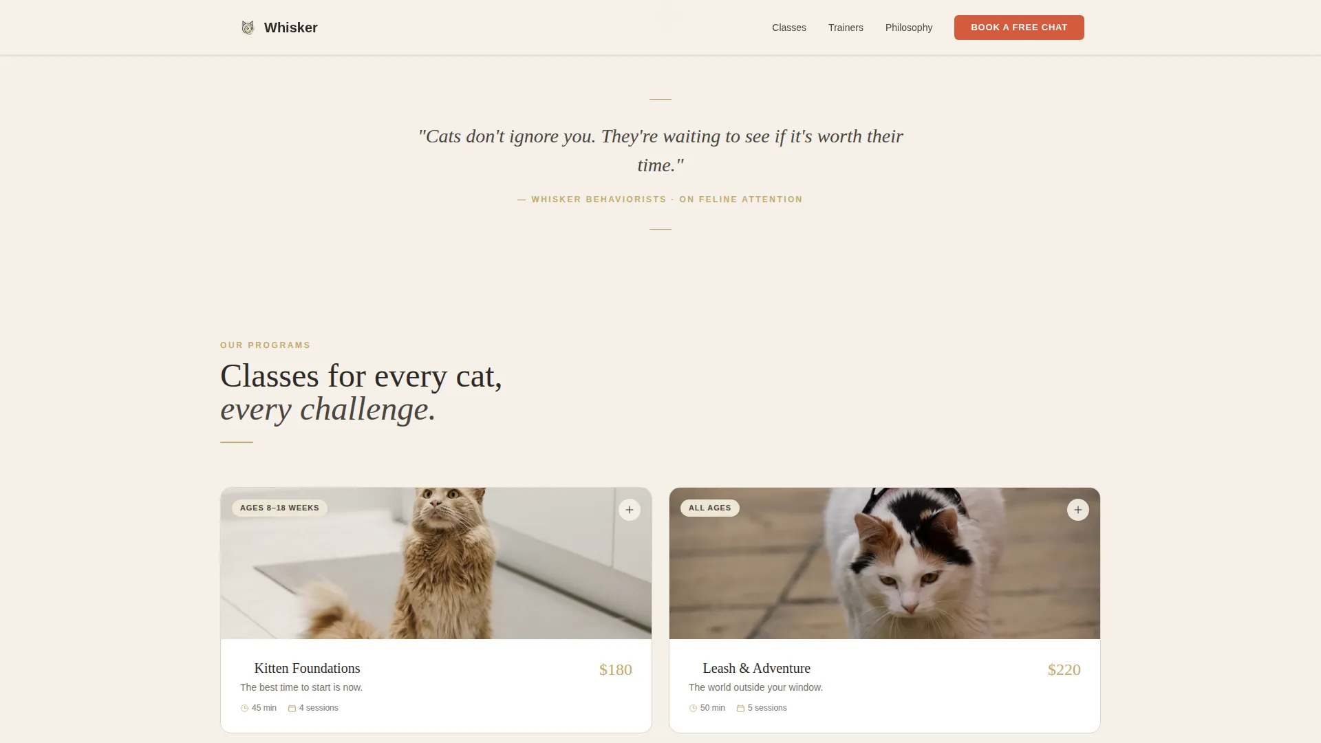 Cat Training Landing Page Template | Warm Artisan Style