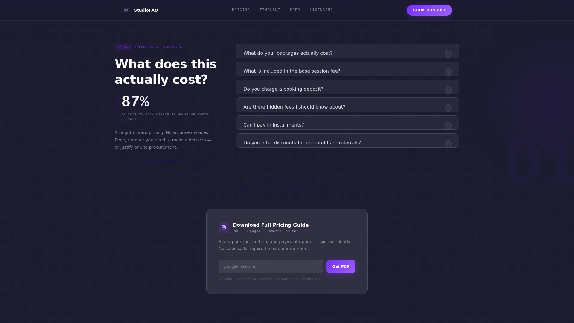Photography Studio FAQ & Client Objection Website Template