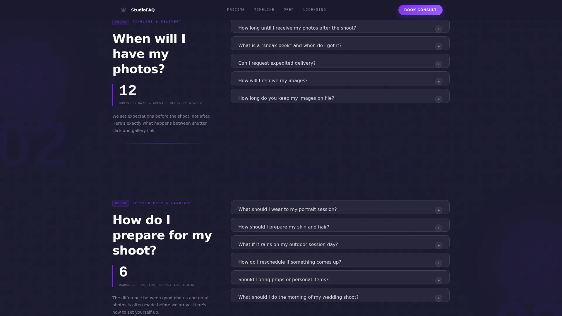 Photography Studio FAQ & Client Objection Website Template
