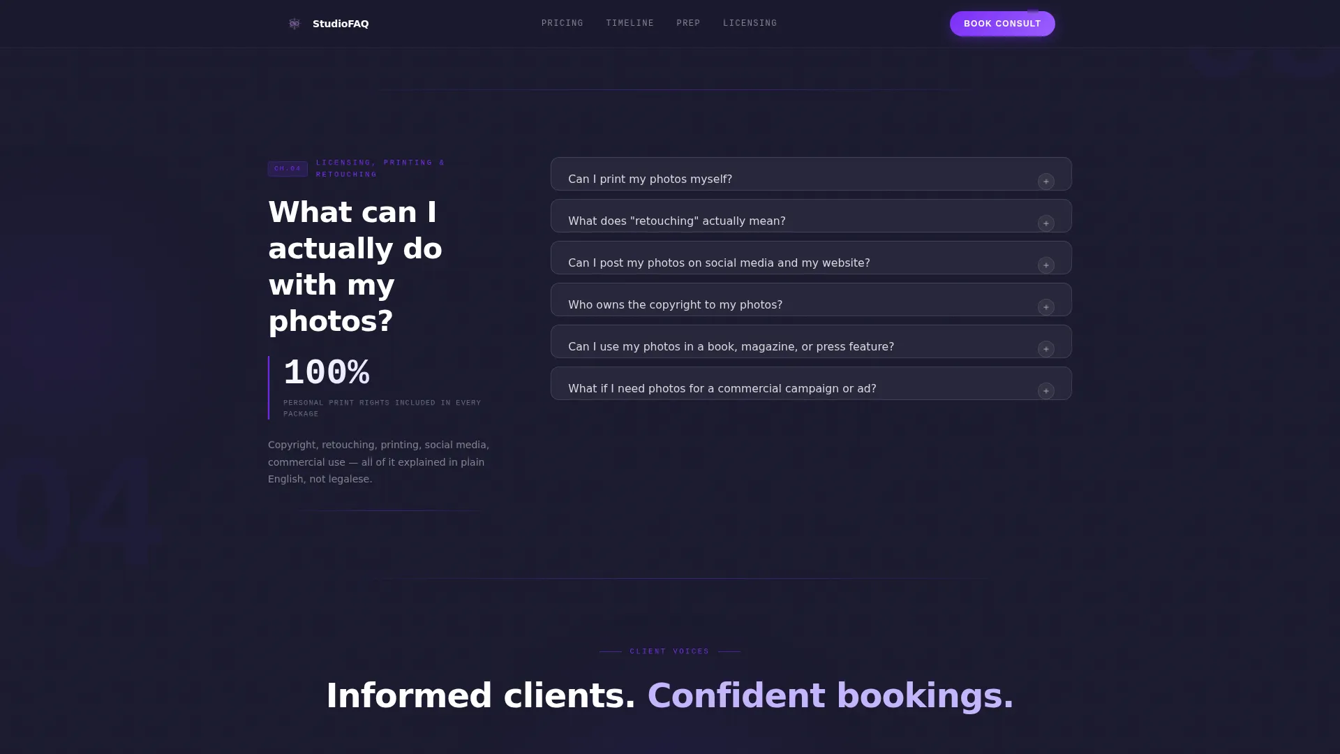 Photography Studio FAQ & Client Objection Website Template