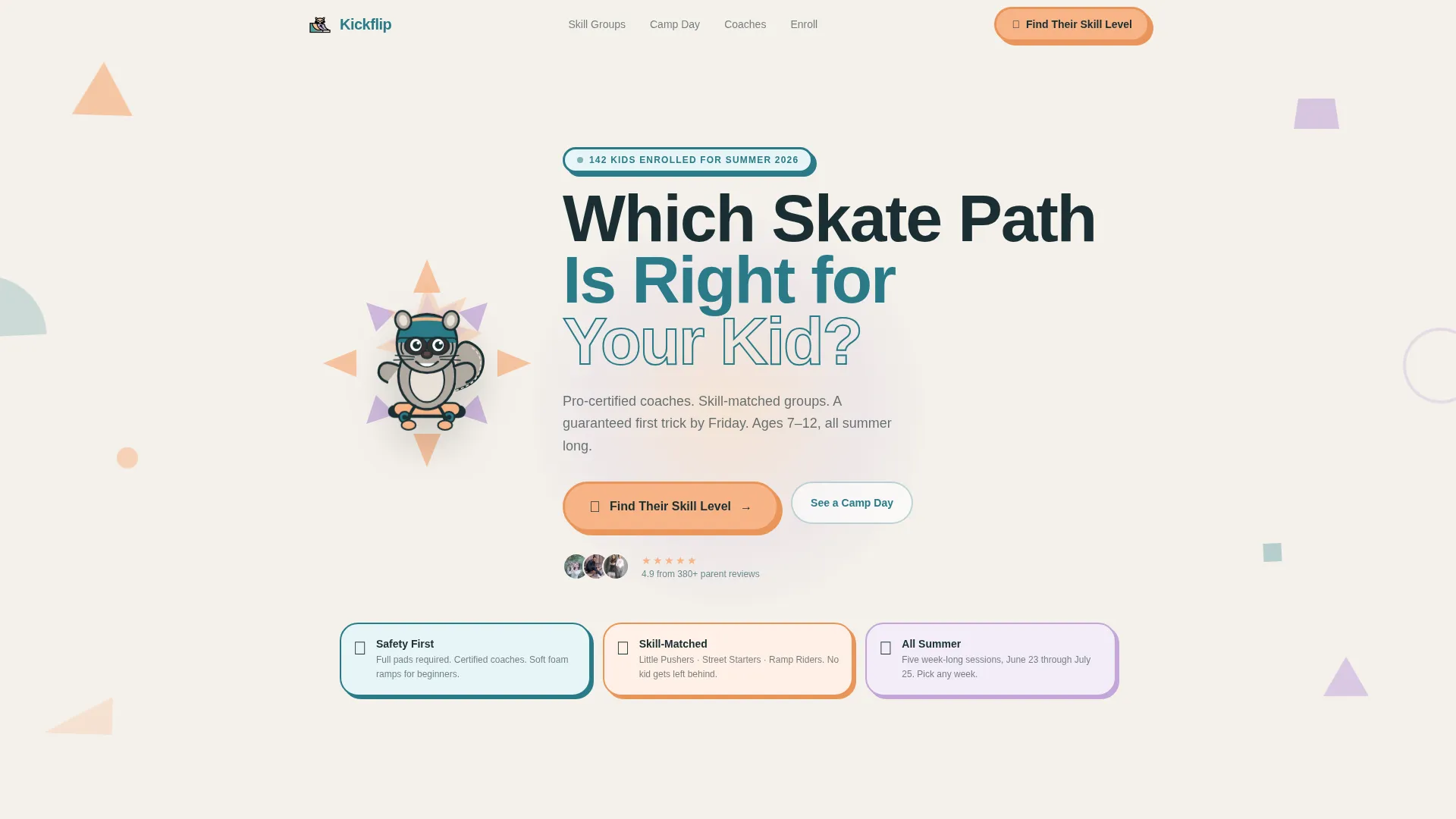 Kids Skateboarding Summer Camp Landing Page