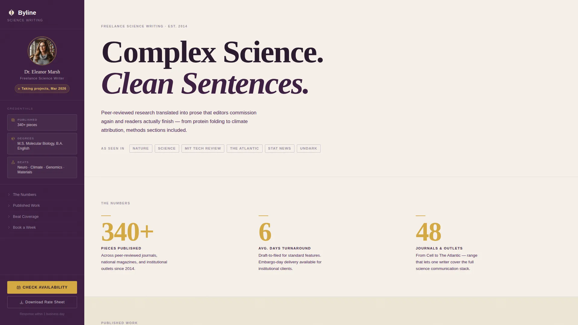 Science Writer Booking Landing Page Template