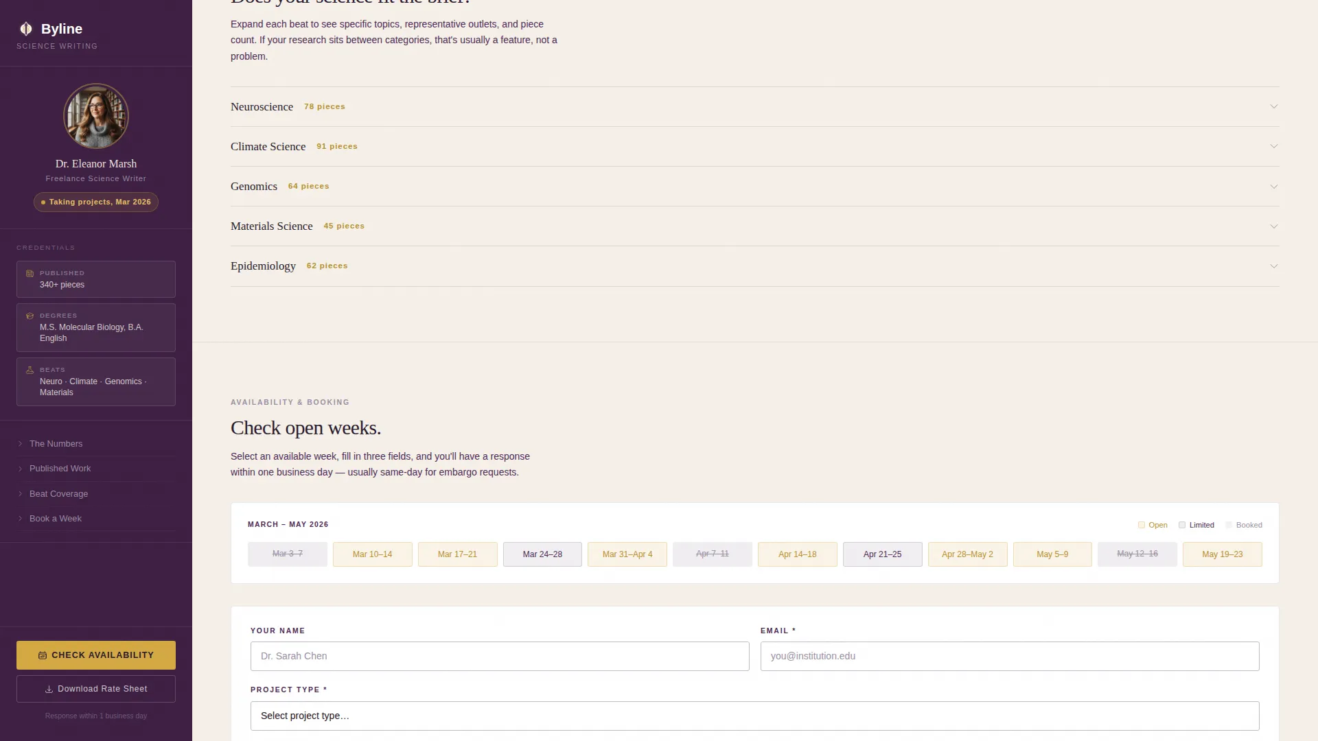 Science Writer Booking Landing Page Template