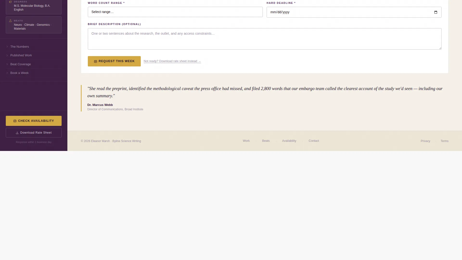 Science Writer Booking Landing Page Template