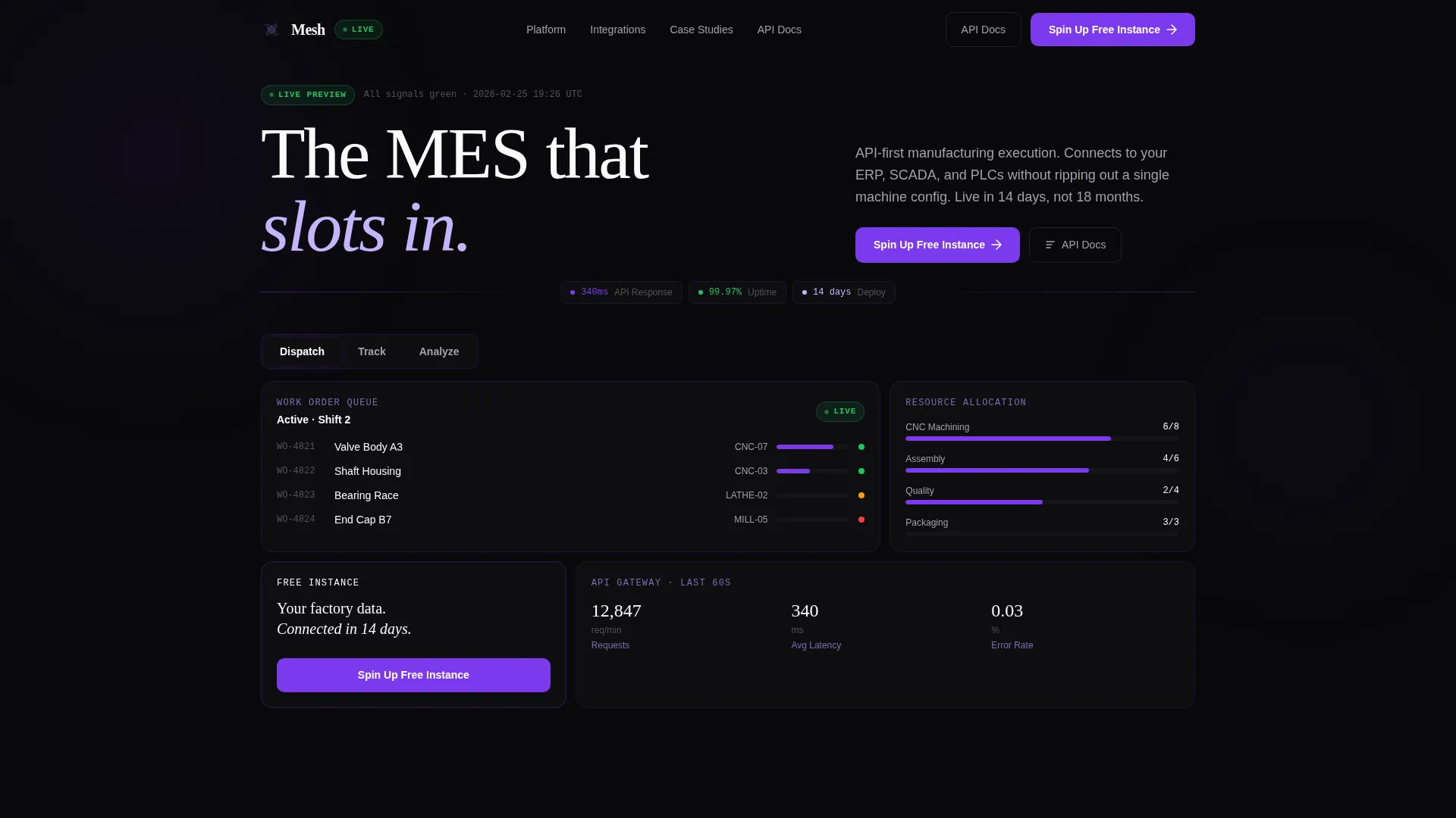 Headless MES Bento Grid Landing Page Template