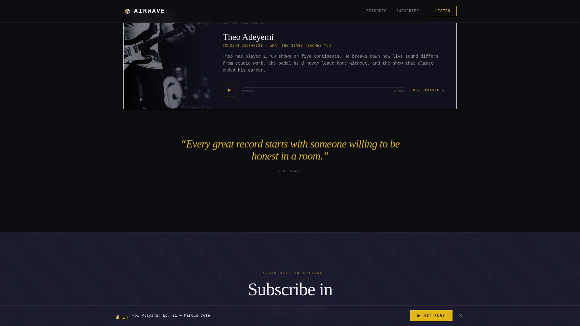 Music Podcast Landing Page Template | Cinematic Dark