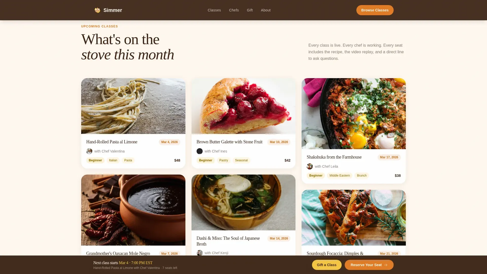 Warm Artisan Live Cooking Class Landing Page Template