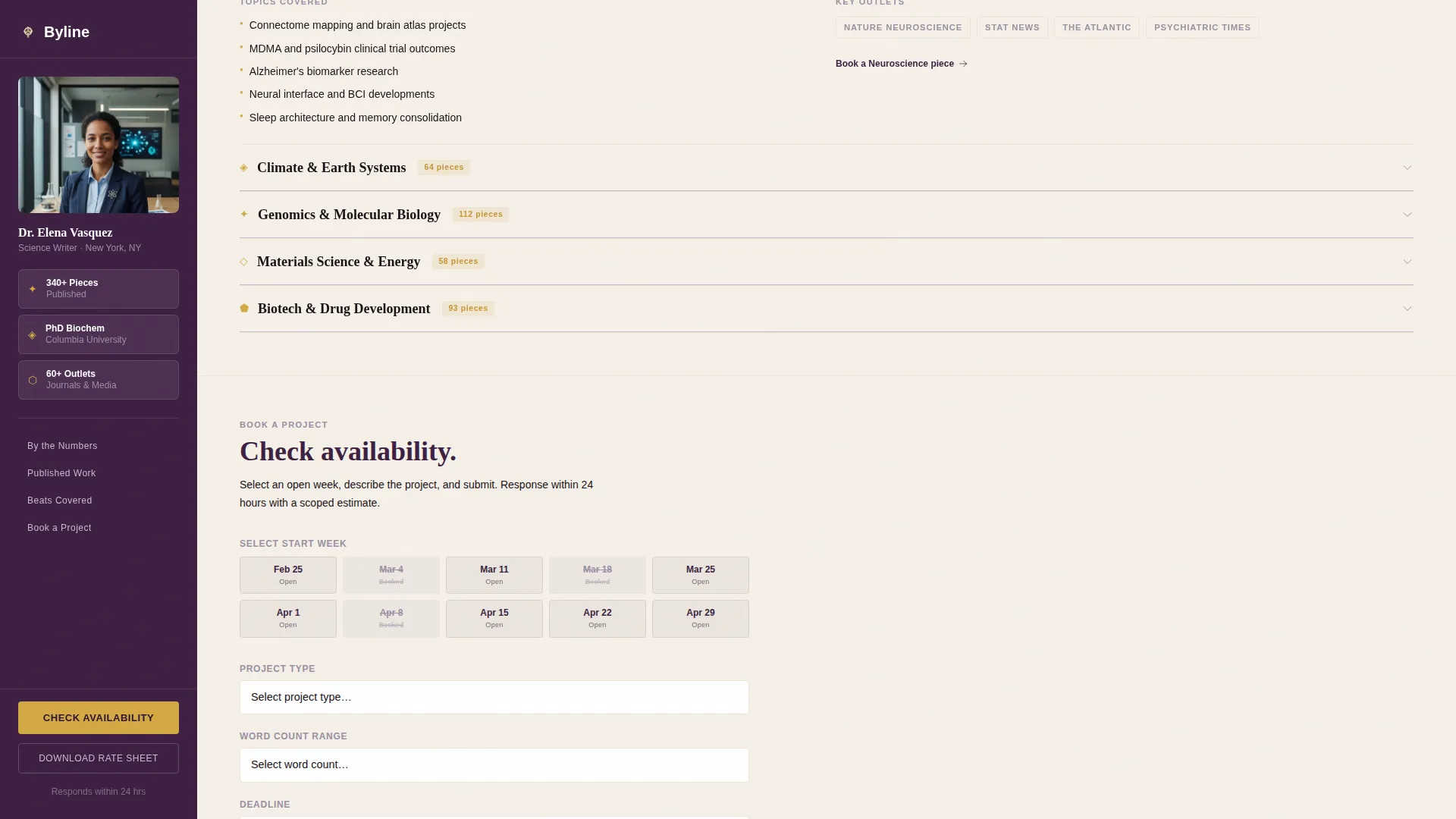 Science Writer Booking Landing Page Template