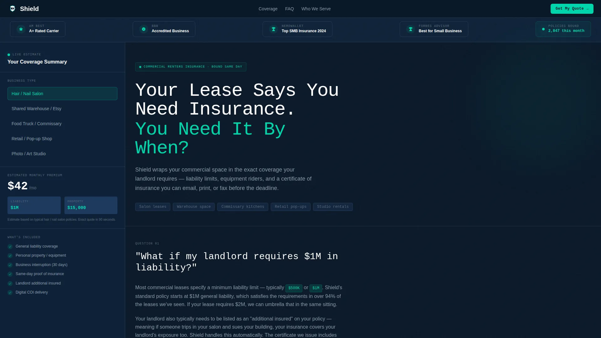 Specialist Small Business Owner Insurance FAQ & Common Questions Website Template