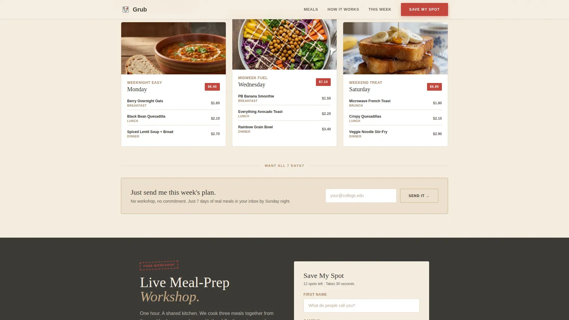 Affordable Student Meal Plan Landing Page Template