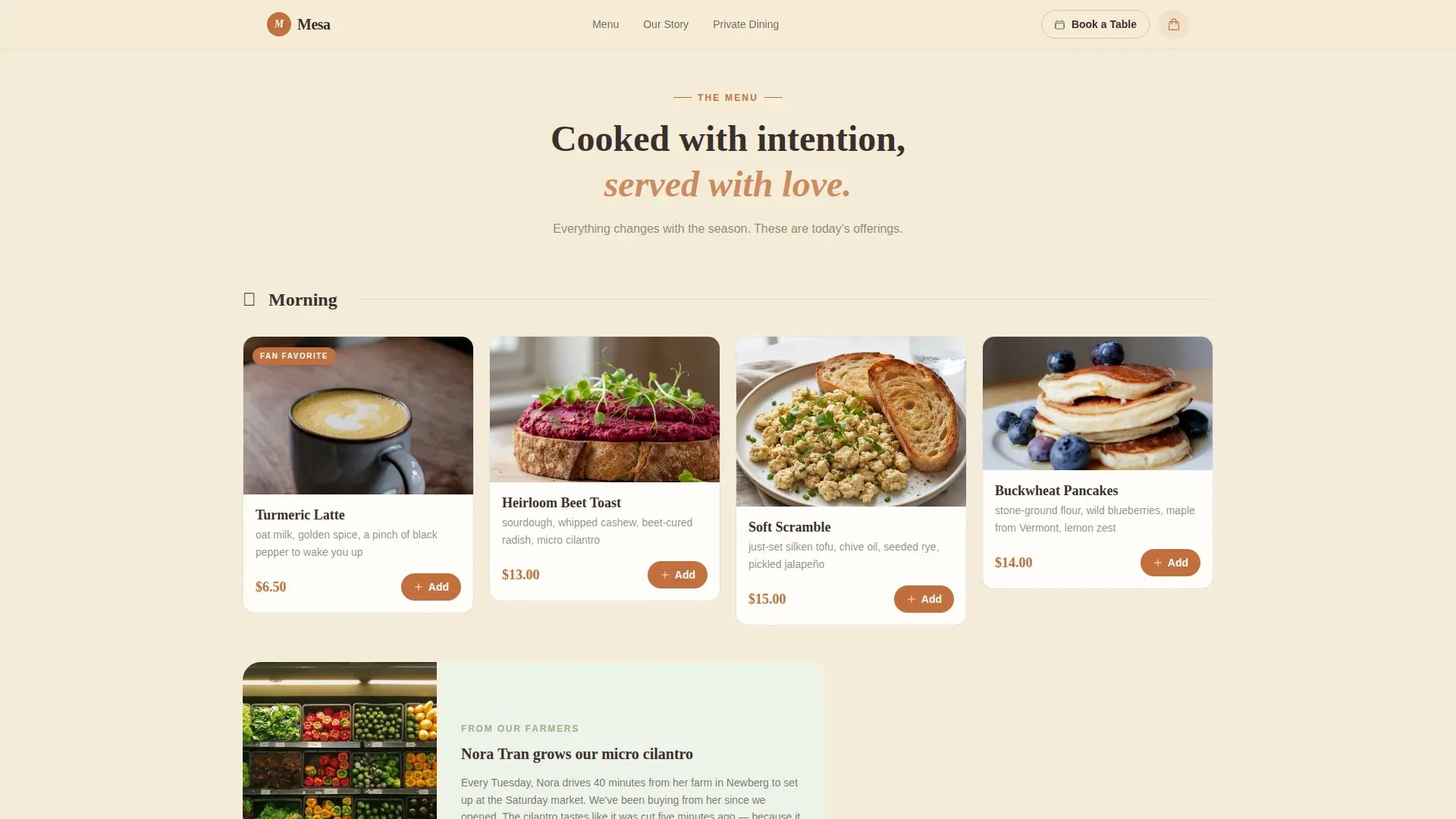 Pastoral Neighborhood Vegan Restaurant Landing Page Template