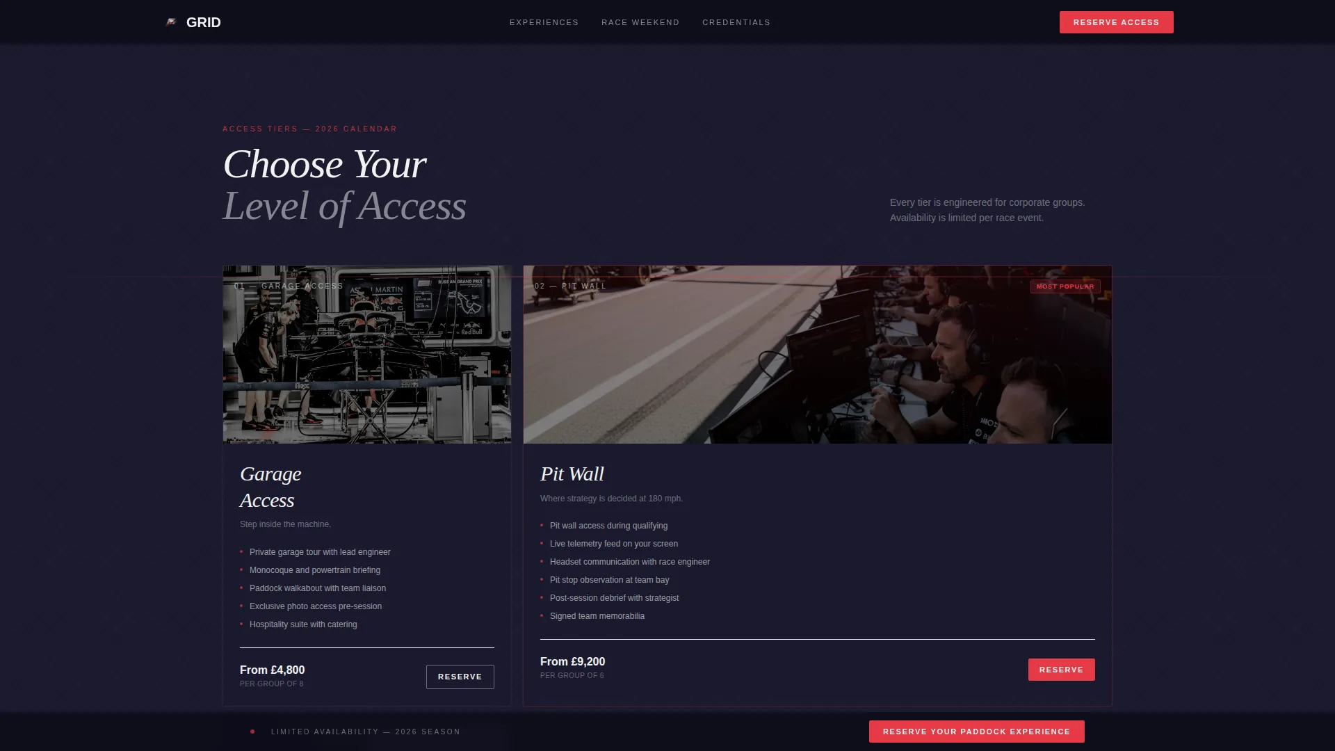 Formula Racing Hospitality Booking Landing Page