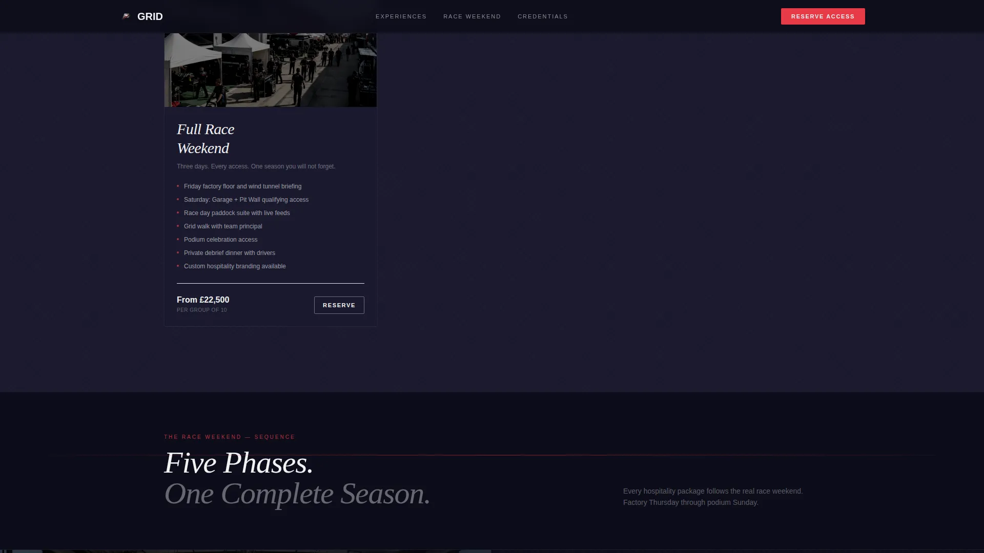 Formula Racing Hospitality Booking Landing Page