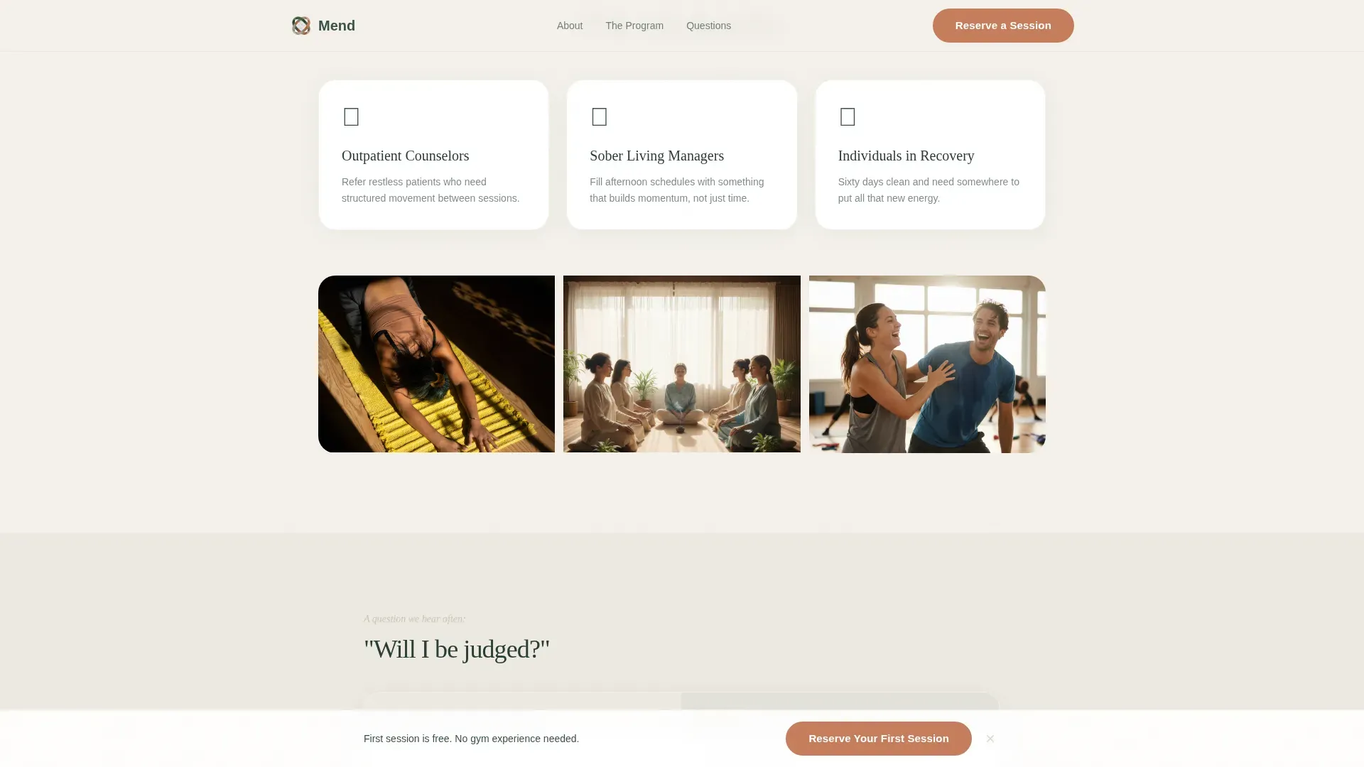 Recovery Movement Program Booking Landing Page