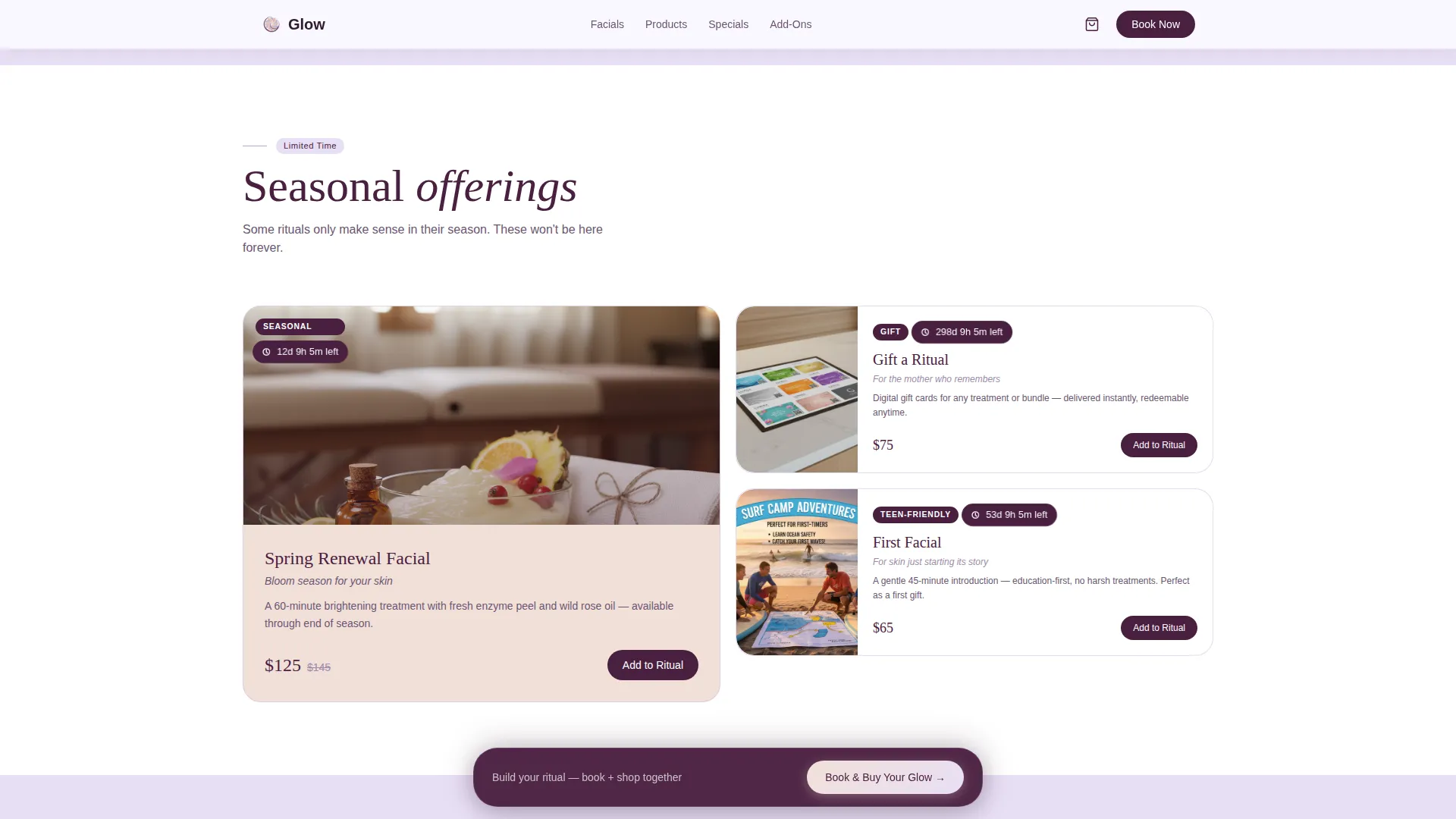 Skincare Studio Landing Page Template | Card Grid