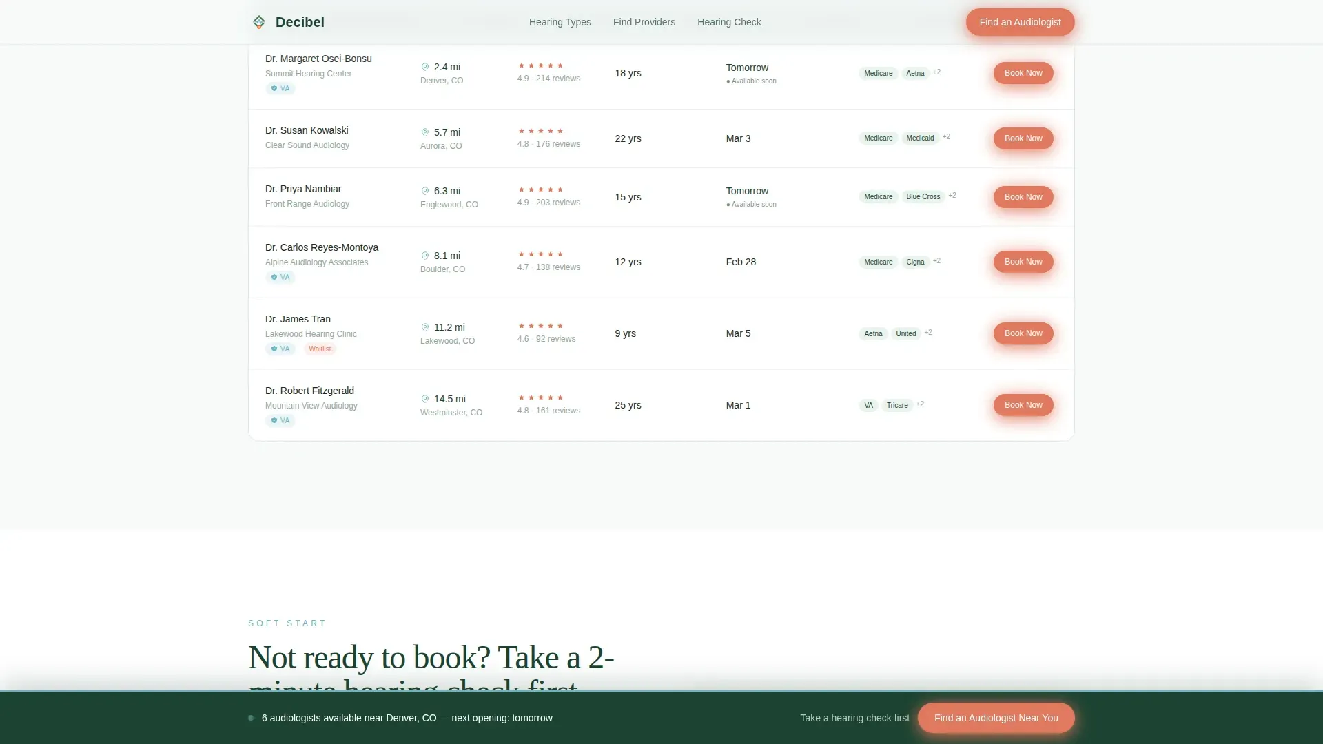 Audiologist Directory Comparison Table Landing Page