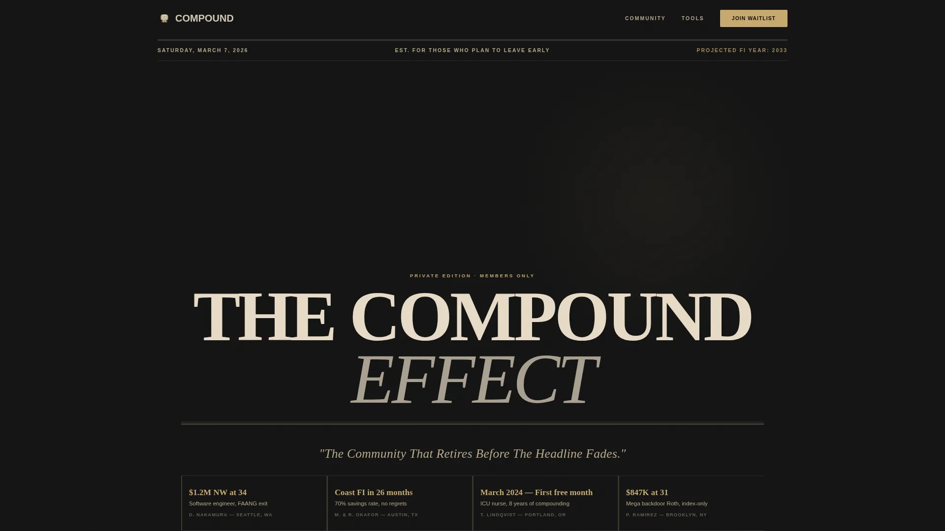 Cinematic FIRE Community Waitlist Landing Page
