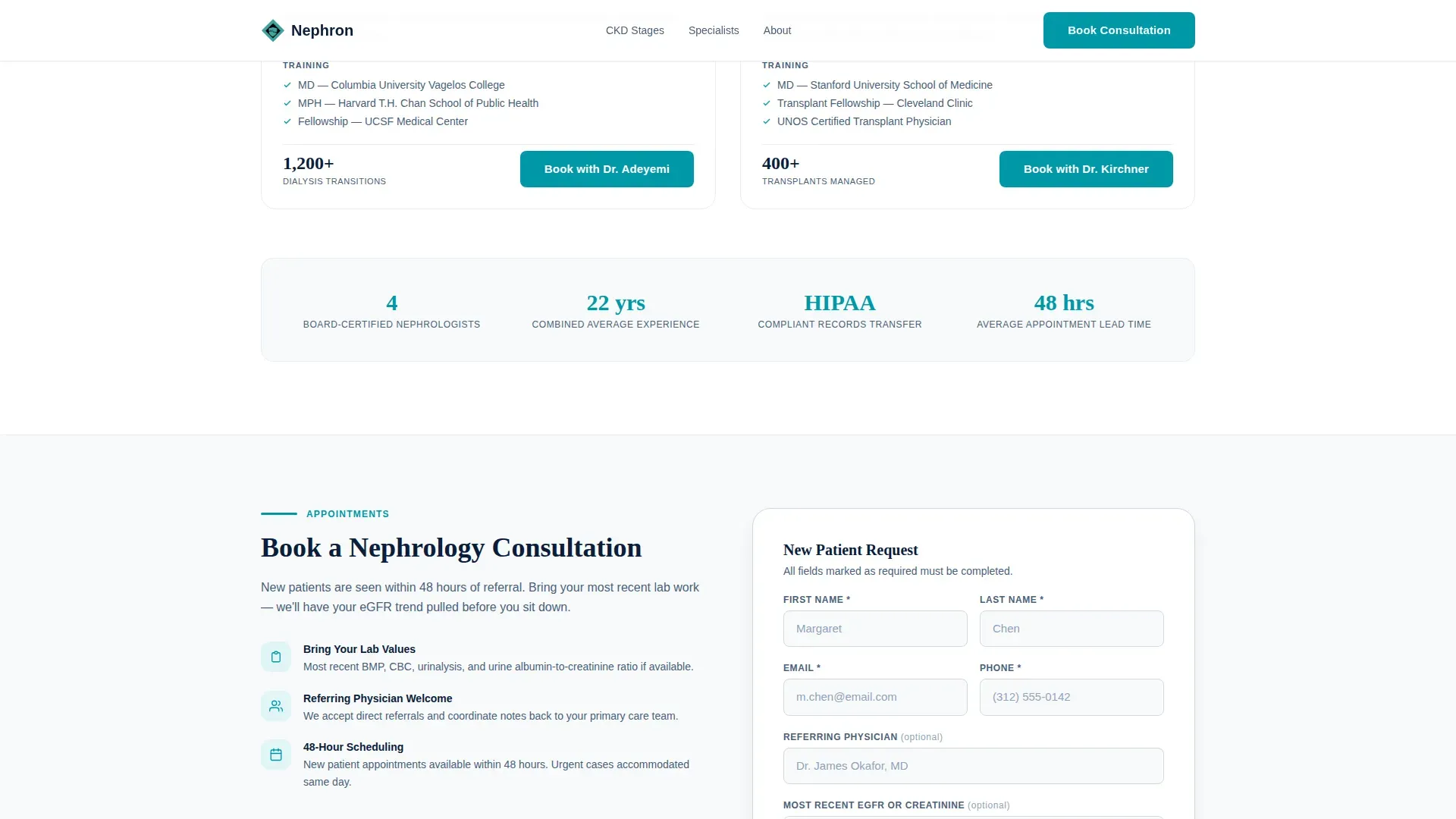 Kidney Disease Care Specialist Booking Website Template