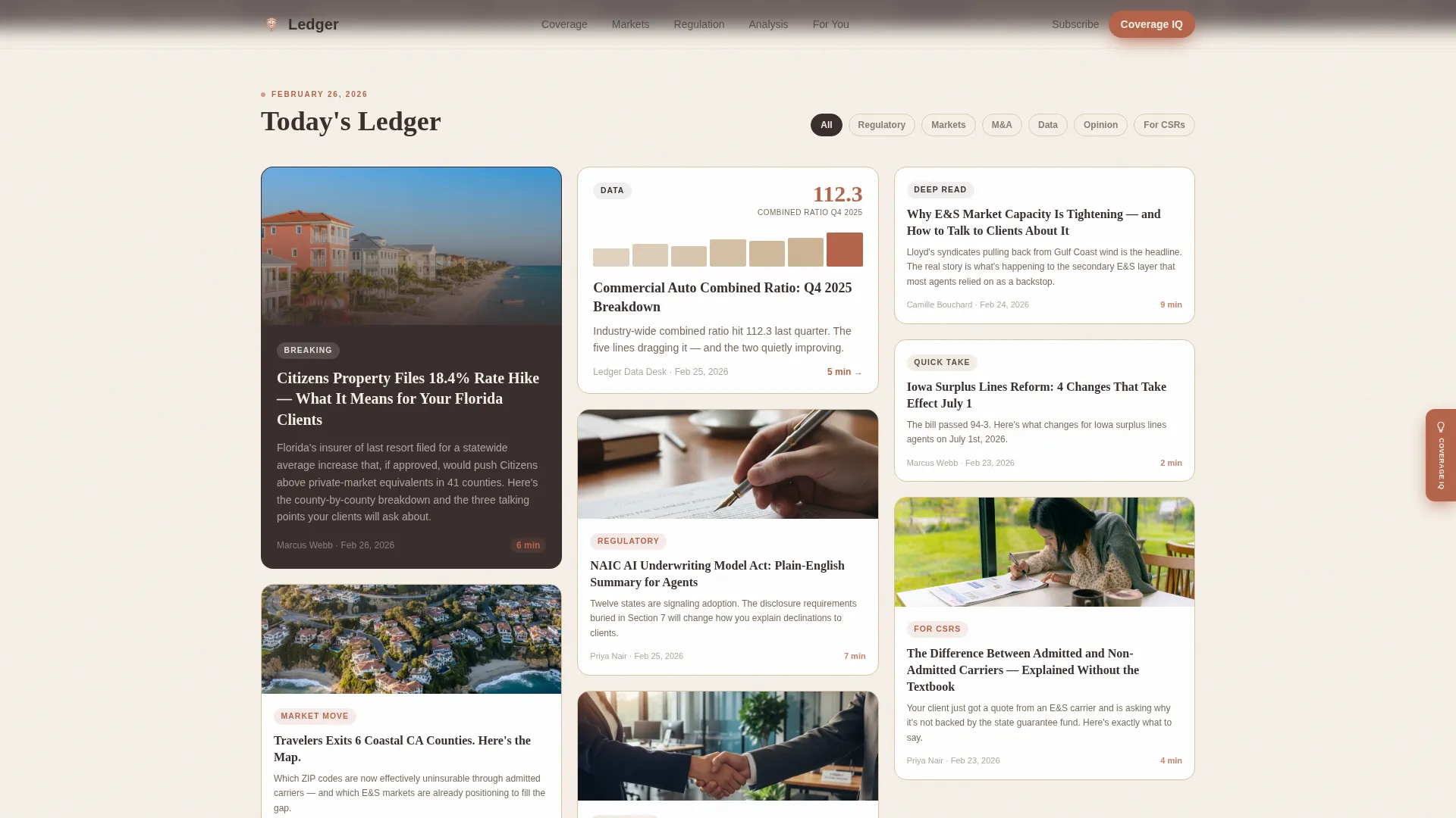 Insurance News Landing Page Template | Masonry Editorial