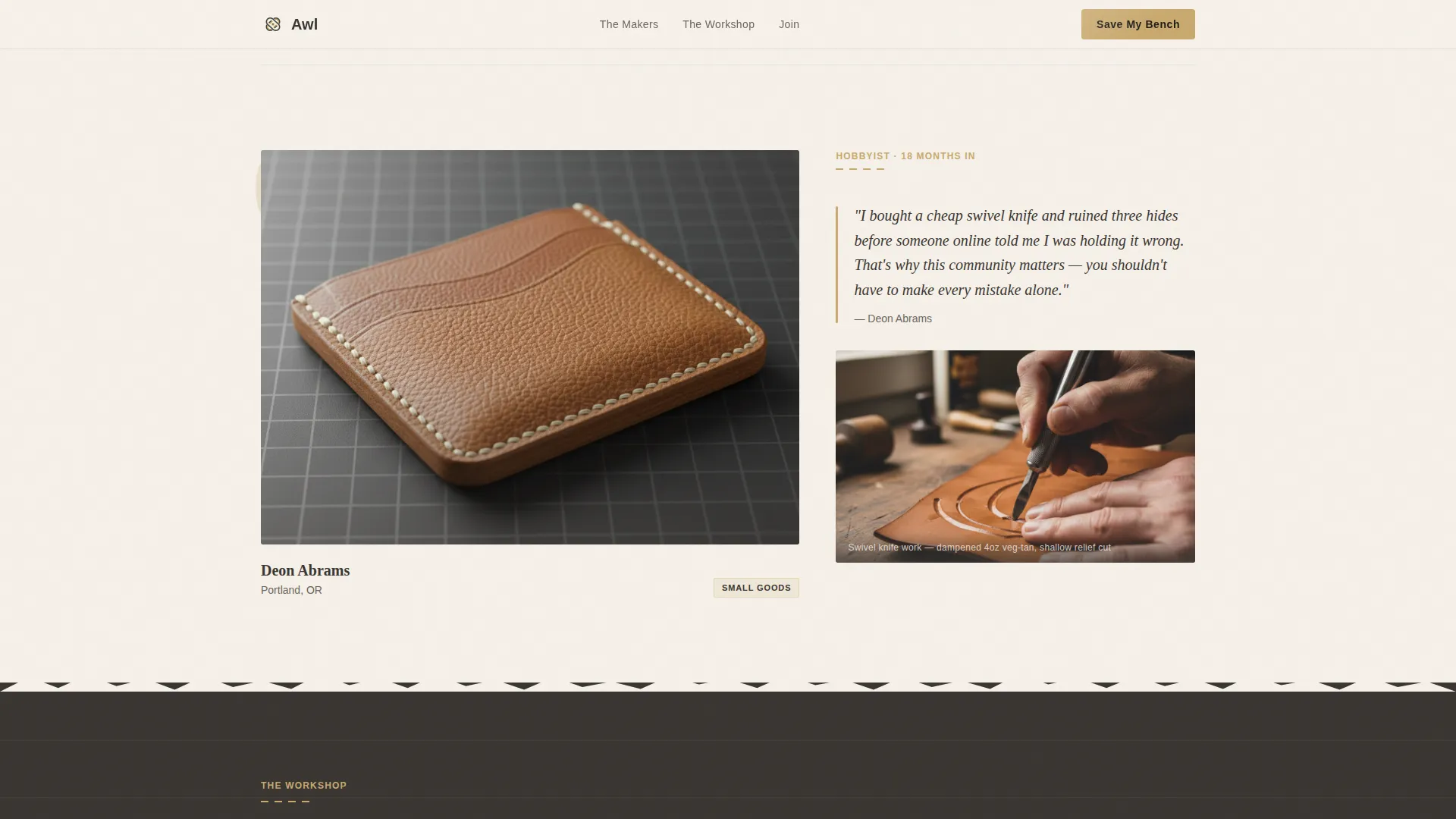 Artisan Leatherworking Community Landing Page Template