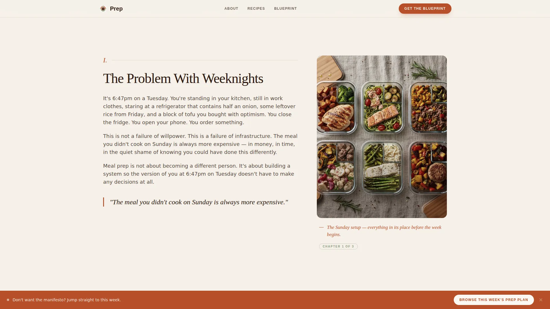 Meal Prep Blog Landing Page Template | Editorial Grid